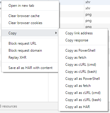 Chrome Debugger Network Right-Click Menu